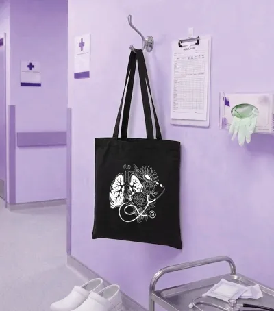 Bavlnená taška s potlačou- pľúca, kvety a fonendoskop
