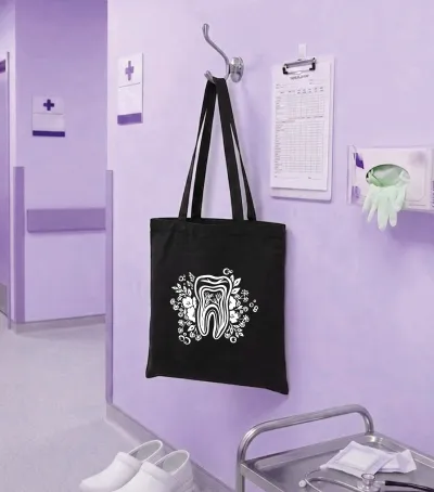 Bavlnená taška s umeleckým motívom-zub s kvetmi